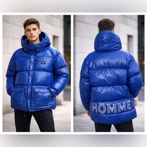 HOMME+ Vancouver Blue Down Puffer Jacket — Detachable Hood, Zip & Snap Front